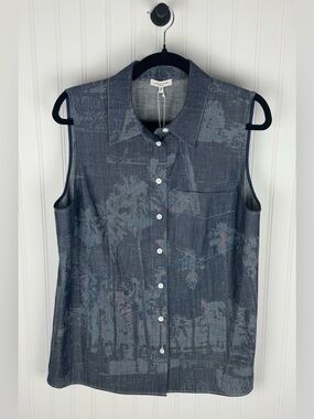 Lafayette 148 Sleeveless Button Front Blouse Indigo Print Cotton Size L NWT
